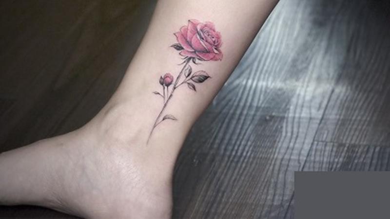 Xăm hình hoa hồng đỏ mini trên chân